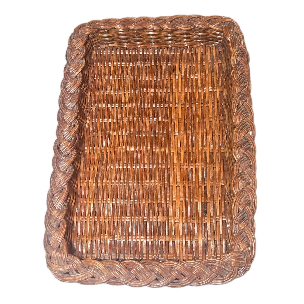 VTG Wicker Serving Tray Rectangular Woven Basket Braided Rim Coffee Table 13x9